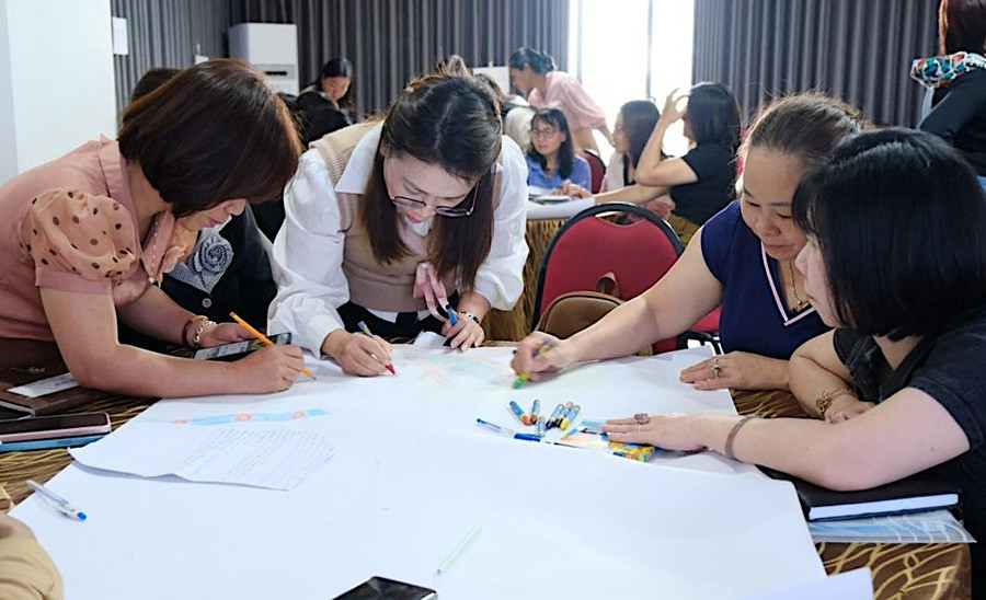 Ms. Dương Thị Mai Lan (second from right), Principal of Hoa Sữa Kindergarten, at a training session organized by VVOB. Photo: N.M co-duong-thi-mai-lan-thu-2-tu-phai-sang-hieu-truong-truong-mau-giao-hoa-sua-trong-mot-buoi-tap-huan-do-vvob-to-chuc.png