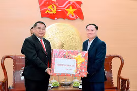 Secretary of the Gia Lai Provincial Party Committee presents gifts to leaders of Sekong Province.