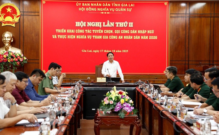Pham Anh Tuan, Chairman of the Provincial People's Committee and Chairman of the Provincial Military Service Council, chairs the second conference on the implementation of the selection and conscription of citizens for military service and the fulfillment of obligations to join the People's Public Security Forces in 2026. Photo: H.P mg-5770.jpg