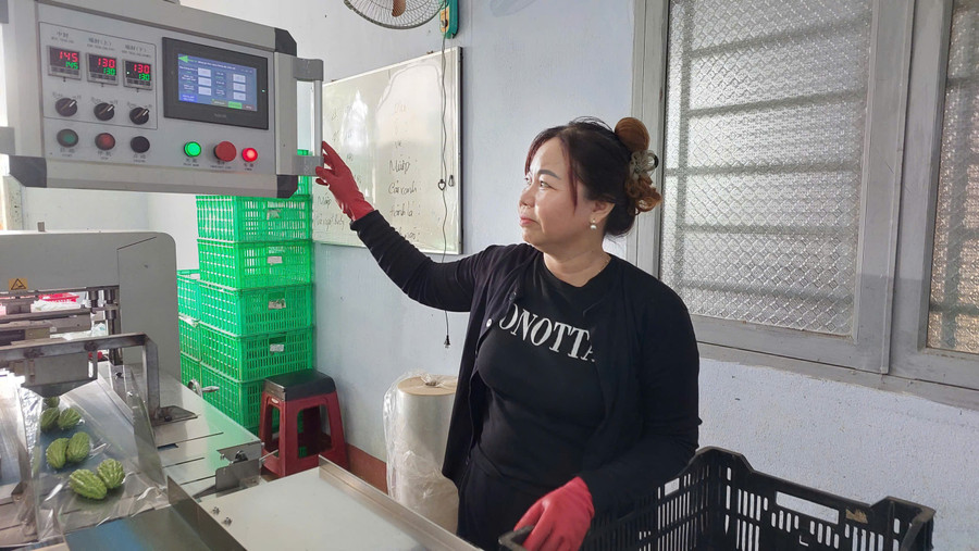 Nguyễn Thị Tường Vi, a worker at Hương đất An Phú Co., Ltd., operating an automatic packaging machine. Photo: N.D chi-nguyen-thi-tuong-vi-dang-dieu-khien-may-dong-goi-san-pham.jpg