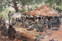 The artwork "Đại hội quân nhân Sư đoàn 5" (Congress of the 5th Division Soldiers) was created by artist Huỳnh Phương Đông in 1965.
