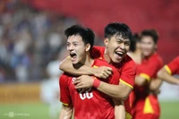 Vietnam forward Nguyen Thanh Nhan (L) celebrates his goal in the 1-0 win over Yemen in the 2026 U23 Asian Cup qualifiers, at Viet Tri Stadium, Phu Tho Province, northern Vietnam on Sept. 9, 2025. 