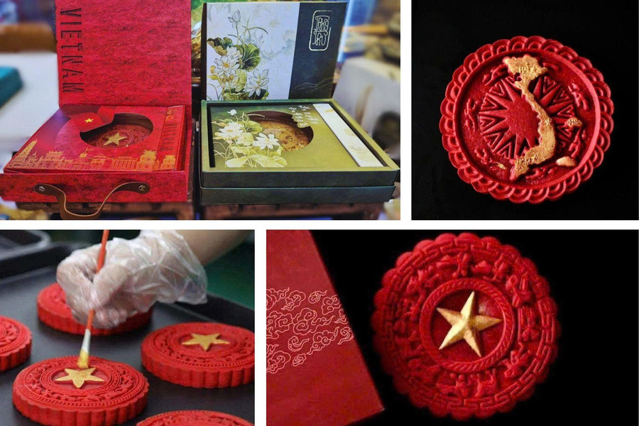 Mooncake design following the patriotic trend, featuring the map of Vietnam, a five-pointed golden star, and the Đông Sơn drum. Photo: DNCC gen-h-z6950114877331-dd0e698fe85e75c8eb457142e11dcd9a.jpg