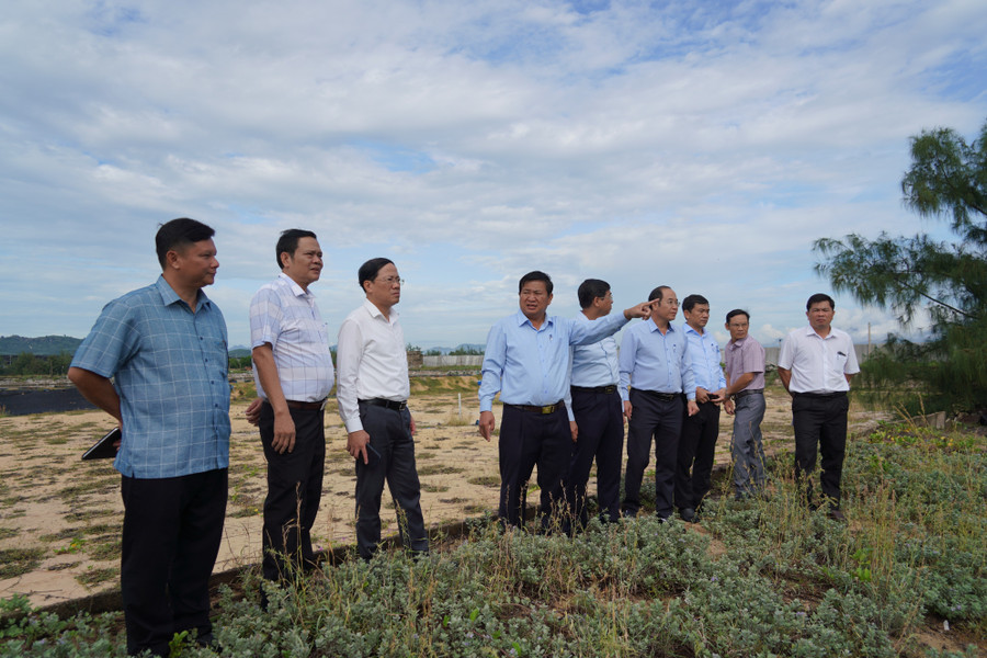 Chairman of the Provincial People’s Committee Phạm Anh Tuấn (third from left) inspects the site for the Training and Development Center for Renewable Energy Human Resources in Phù Mỹ Đông Commune. Photo: N.H a2.jpg