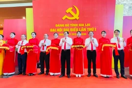 The delegates cut the ribbon to open the photo exhibition titled "Gia Lai Provincial Party Committee—Proudly Continuing the Glorious Tradition." Photo: Trần Dung