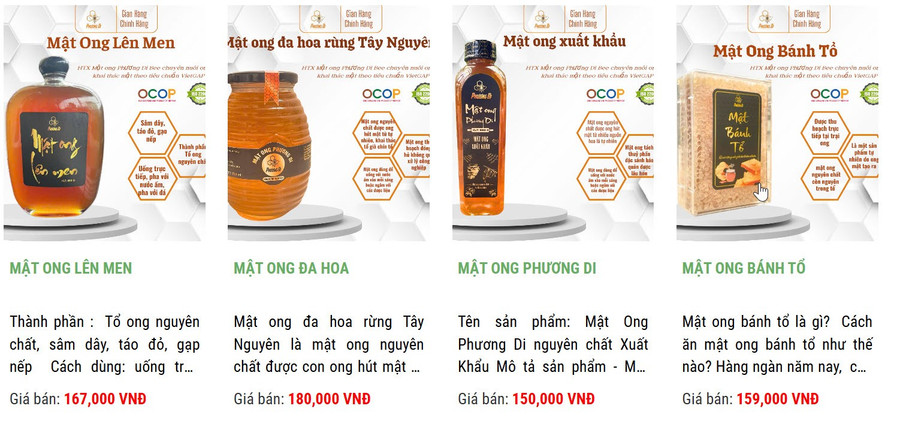 Phương Di honey and honey-based products certified as OCOP are sold on e-commerce platforms. Source: Internet cac-san-pham-mat-ong-phuong-di-dat-chung-nhan-ocop-duoc-ban-tren-cac-san-thuong-mai-dien-tu.jpg
