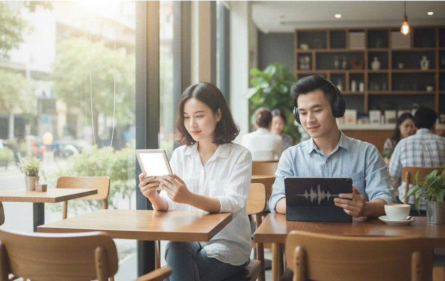A growing number of young people are turning to audiobooks and e-books for their convenience. Photo: Minh Thư ai-sach-noi.jpg