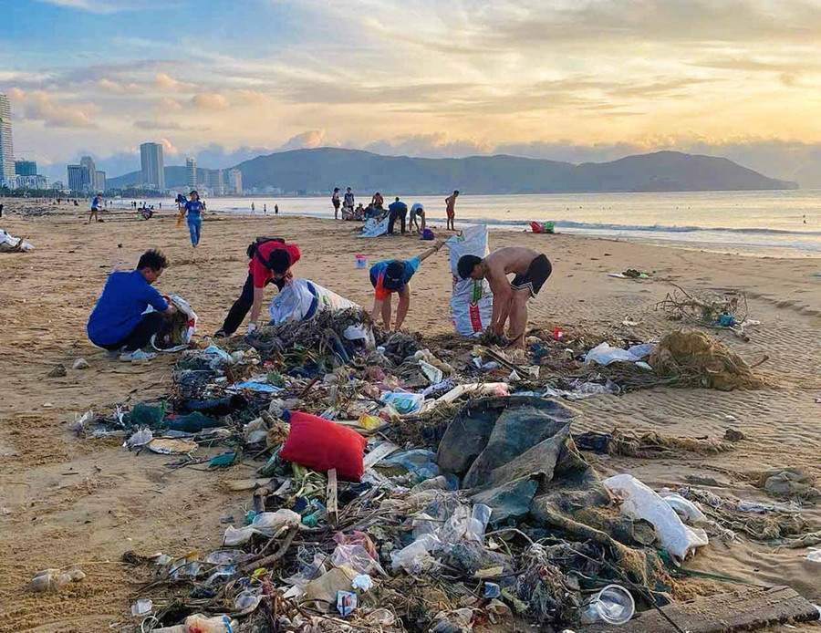 Chi đoàn Sở Công Thương, Đoàn Bệnh viện Phong-Da liễu Trung ương Quy Hòa và nhóm Điều phối Xanh Bình Định cùng người dân đang dọn rác ở bãi biển Quy Nhơn. Ảnh: ĐVCC