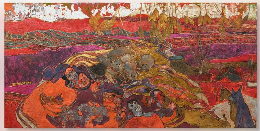 “Đêm nằm nghe kể khan” (Nighttime Listening to Epic Tales) by artist Hồ Thị Xuân Thu. Tác phẩm Đêm nằm nghe kể khan của họa sĩ Hồ Thị Xuân Thu.
