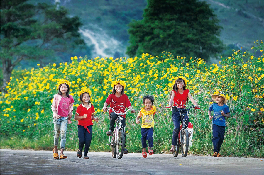 Children by wild sunflowers at the foot of Chư Đang Ya Mountain. Photo: Nguyễn Linh Vinh Quốc