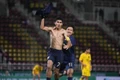 Kakana Khamyok takes off his shirt to celebrate Thailand's late goal in the U23 Asian Cup qualifier against Malaysia on Sept. 9, 2025. Photo by FAT