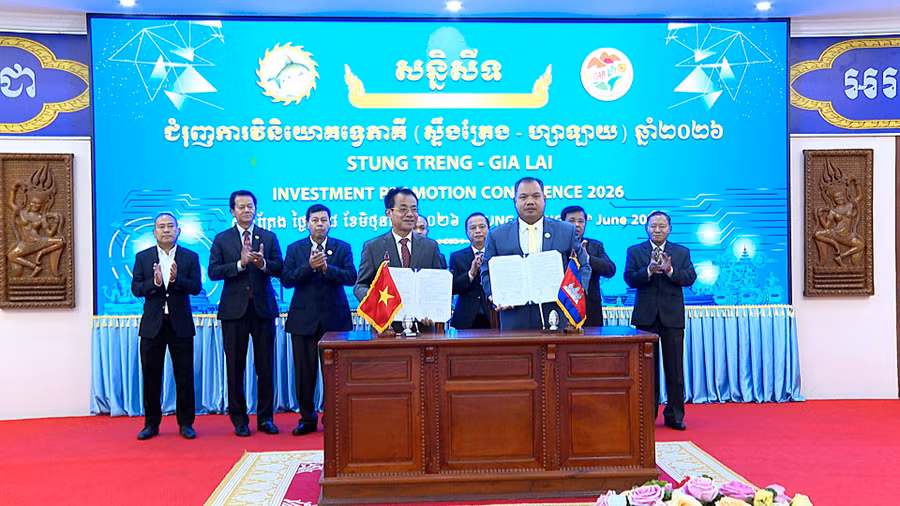 Leaders of Stung Treng Province and Phu Tai Joint Stock Company sign a memorandum of understanding to study investment in planting 10,000 hectares of large timber forests, with a total estimated investment of VND 1 trillion. Photo: R'Piên